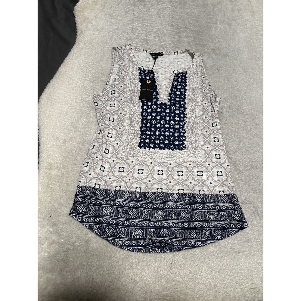 NWT Lucky Brand Women Small Geometric Split Neck Sleeveless Tunic Blouse Top